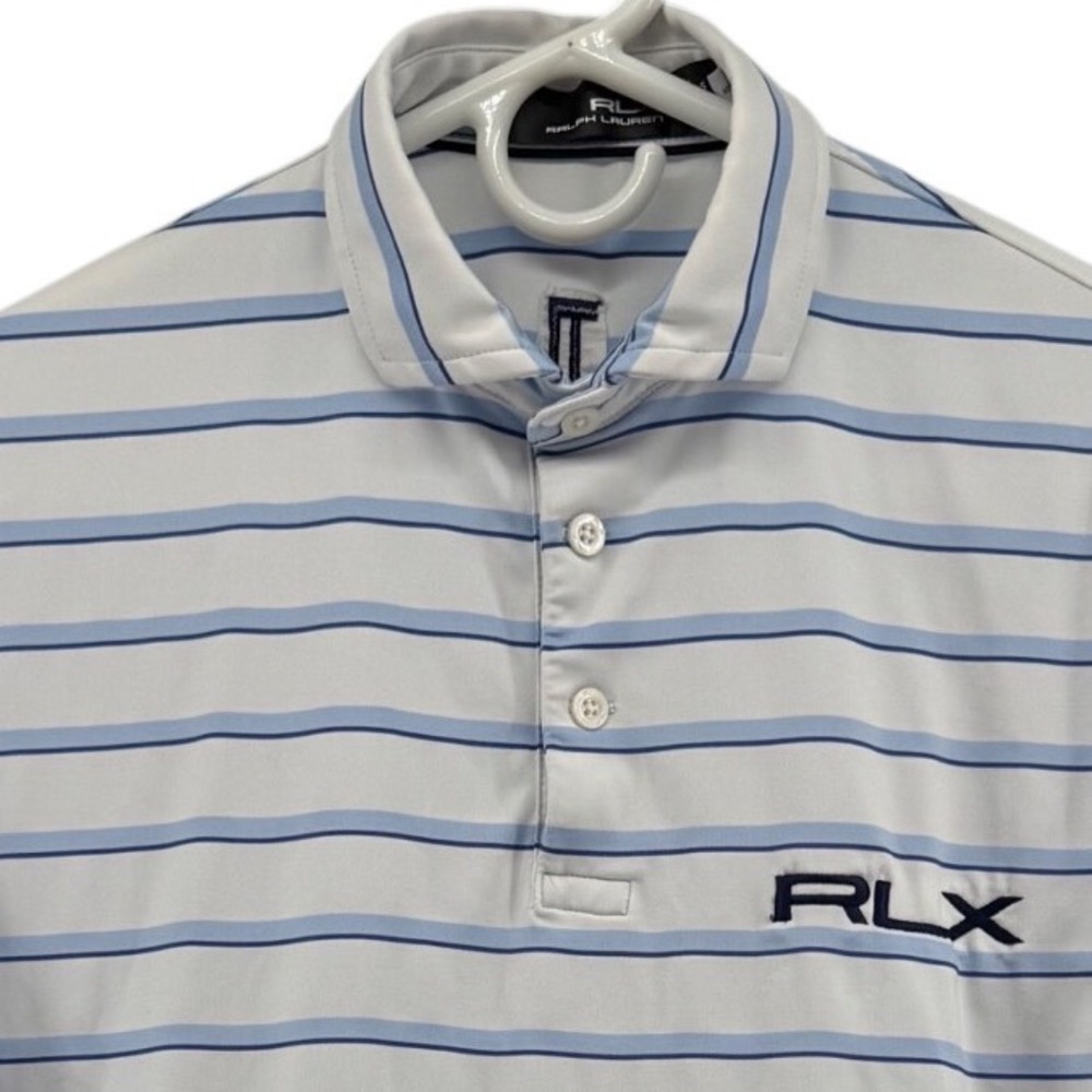 RLX Ralph Lauren Mens Blue White Striped Golf Polo Odyssey Logo S PGA Tour Issue